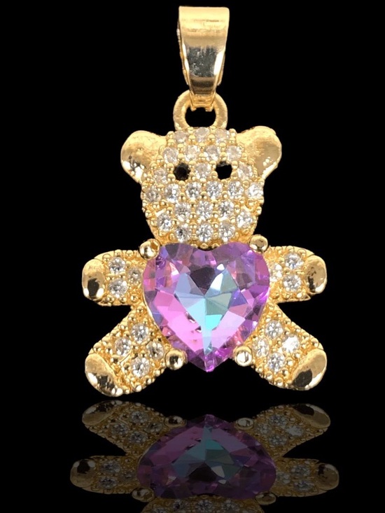 Jewelry - Gold Teddy Bear Pendant with Purple Heart Crystal
